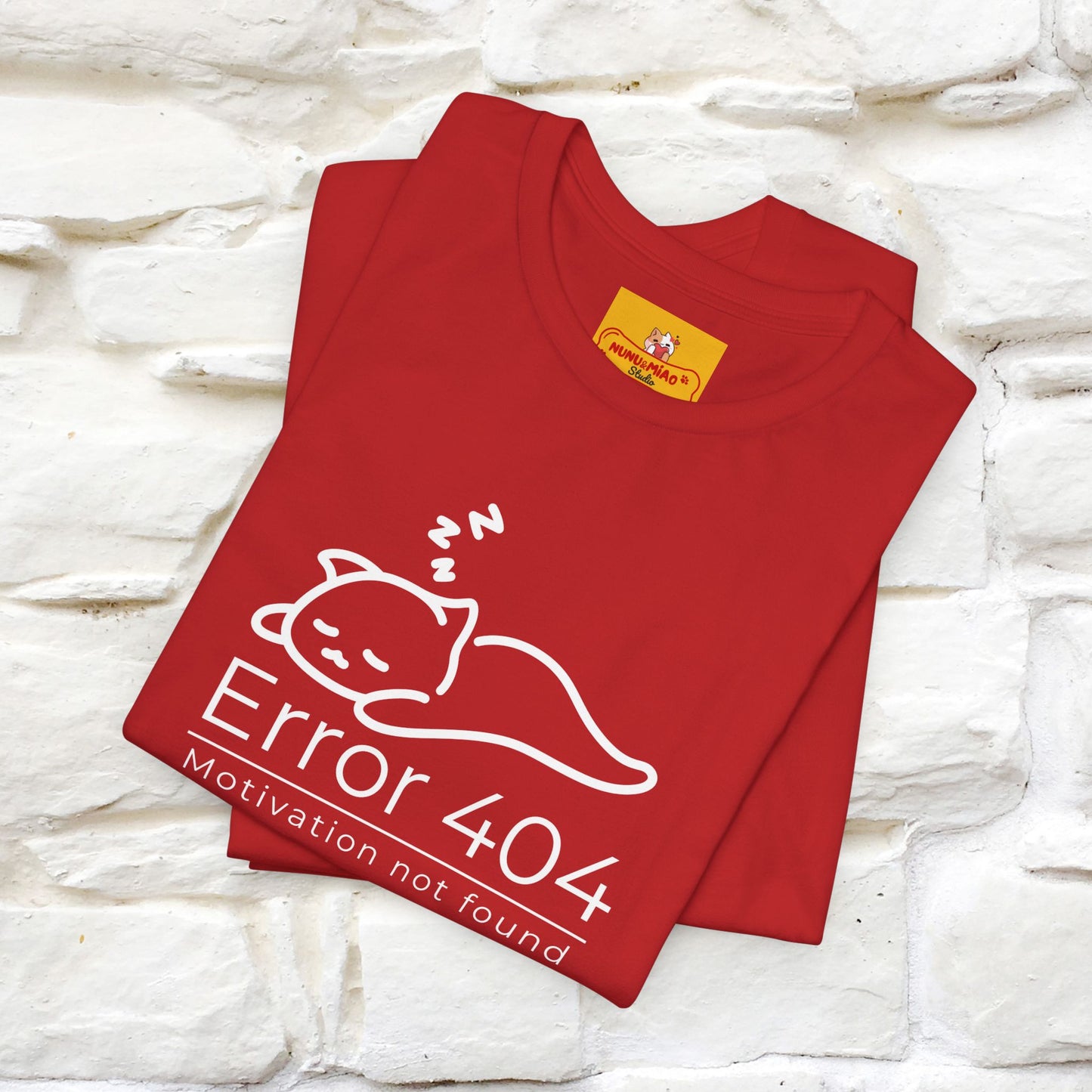 ''Error 404 Motivation Not Found'' Cat T-Shirt Front and Back Design | Nunu&Miao Studio