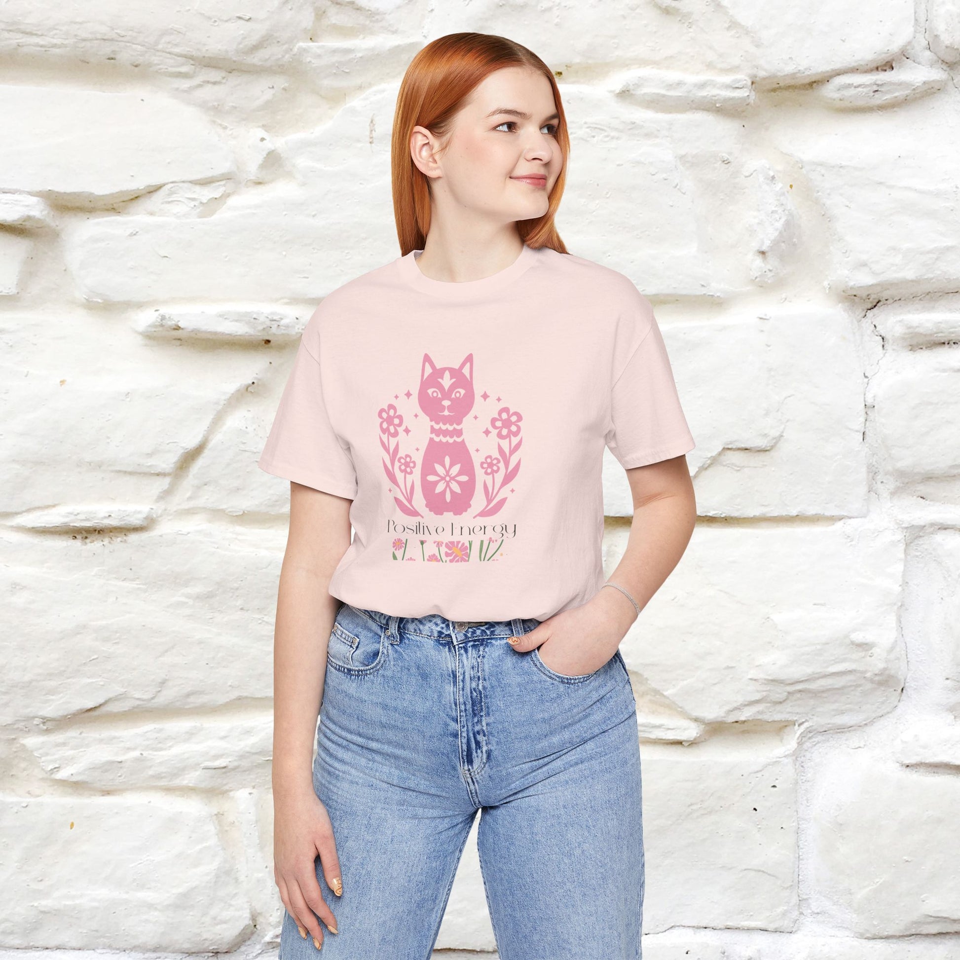 "Positive Energy'' Cat T-Shirt Front and Back Design | Nunu&Miao Studio - Nunu&Miao Studio