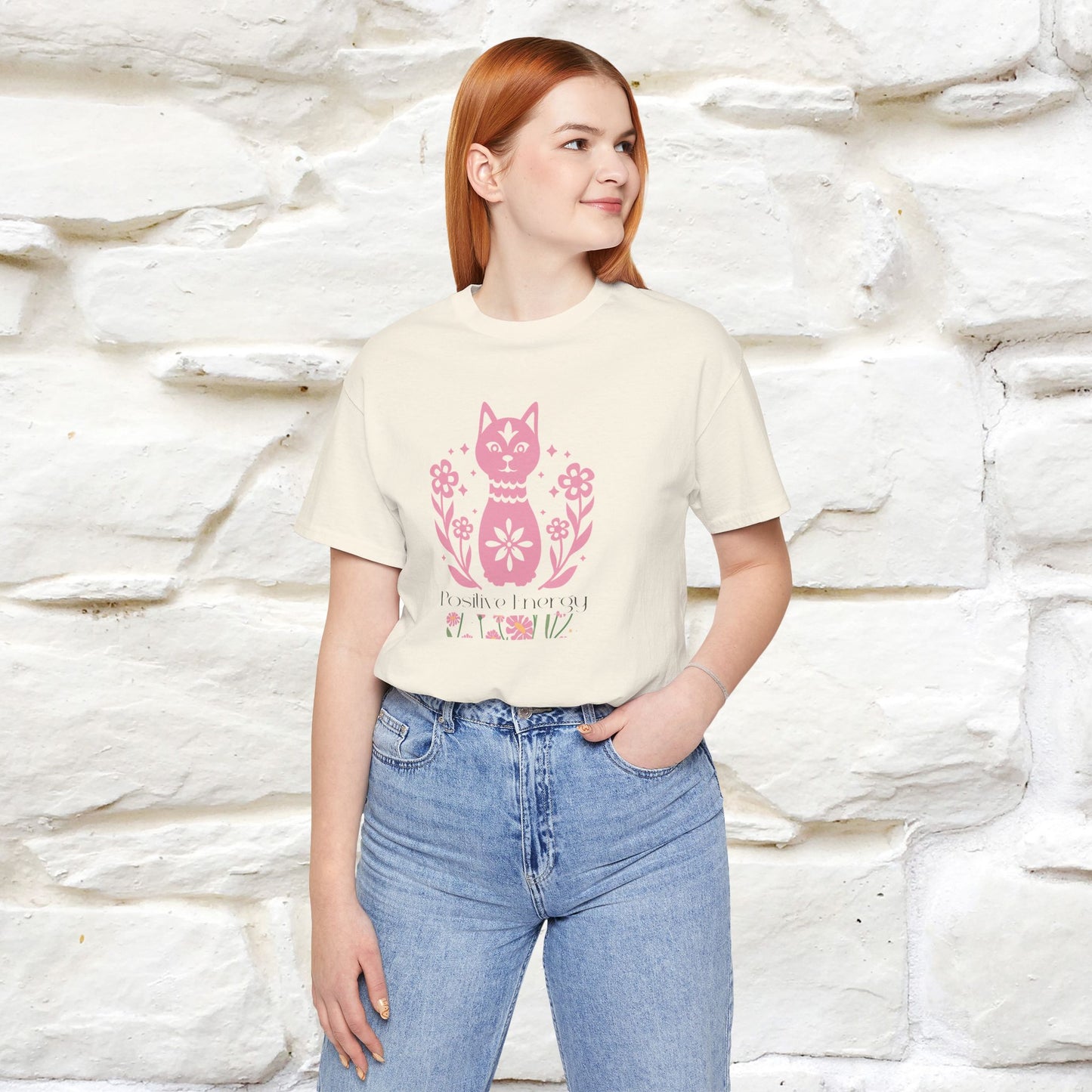"Positive Energy'' Cat T-Shirt Front and Back Design | Nunu&Miao Studio