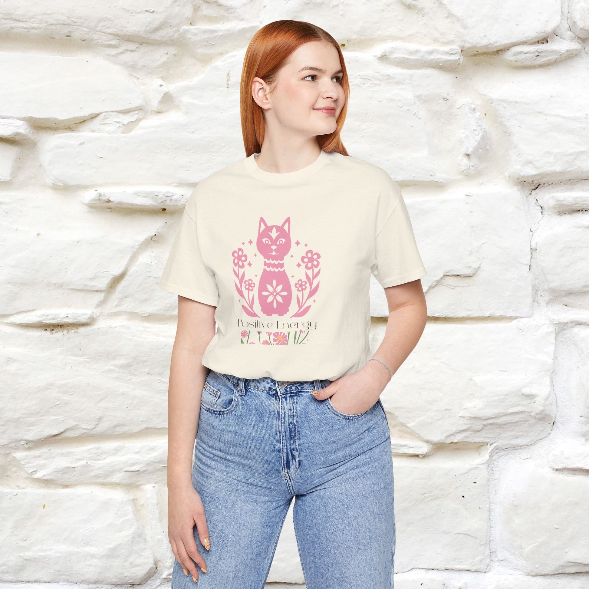 "Positive Energy'' Cat T-Shirt Front and Back Design | Nunu&Miao Studio - Nunu&Miao Studio