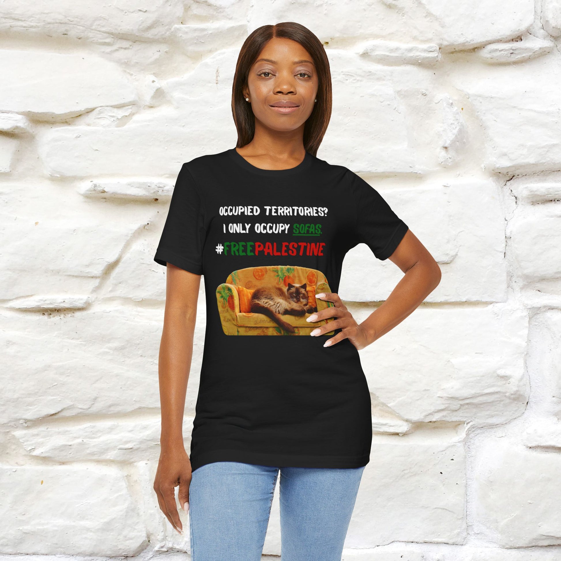 "Occupied territories?  I only occupy sofas. FreePalestine" Cat T-shirt |Nunu&Miao Studio - Nunu&Miao Studio