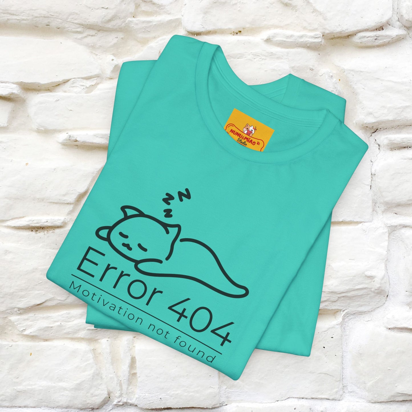 ''Error 404 Motivation Not Found'' Cat T-Shirt Front and Back Design | Nunu&Miao Studio