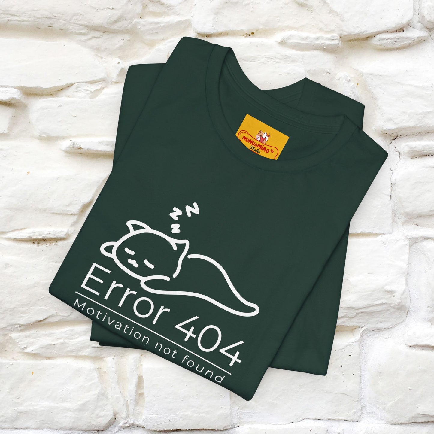 ''Error 404 Motivation Not Found'' Cat T-Shirt Front and Back Design | Nunu&Miao Studio