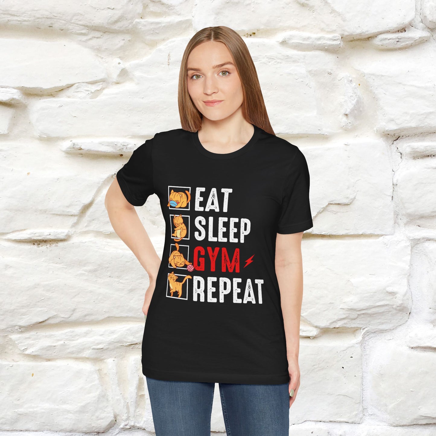 Eat Sleep Gym Repeat Cat Workout T-Shirt for Men & Women | 100% Cotton*