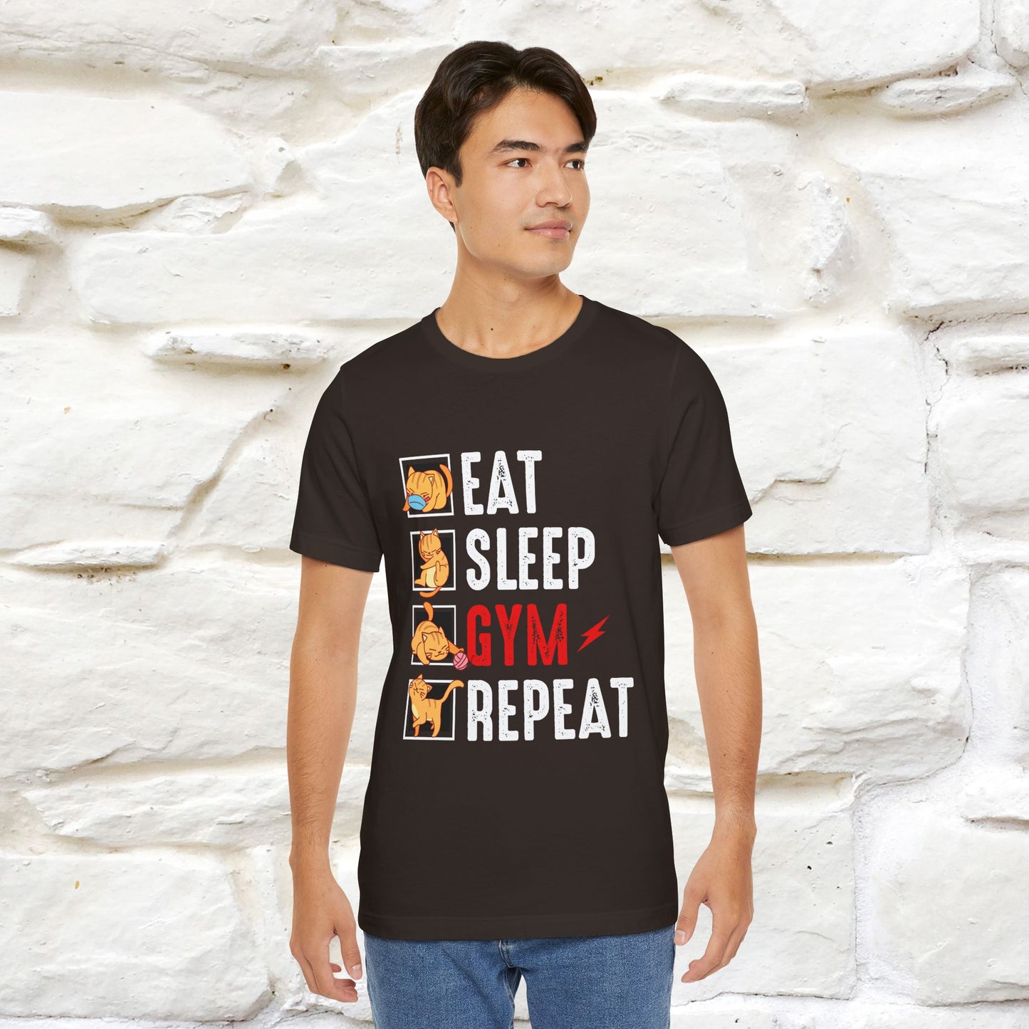 Eat Sleep Gym Repeat Cat Workout T-Shirt for Men & Women | 100% Cotton*