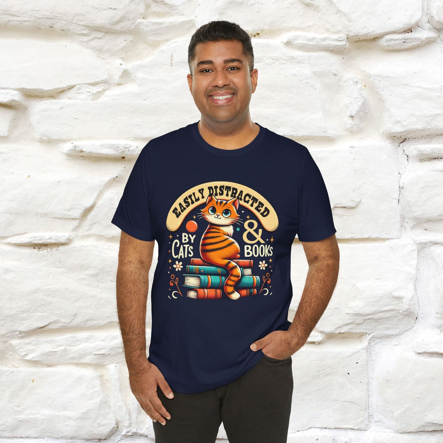 "Easily Distracted By Cats & Books" Cat T-shirt for Men & Women | 100% Cotton* | Cat Lover Tee