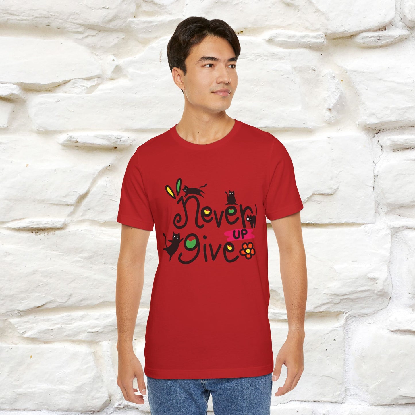 "Never Give Up" Cat T-Shirt for Men & Women | 100% Cotton* | Motivational Tee