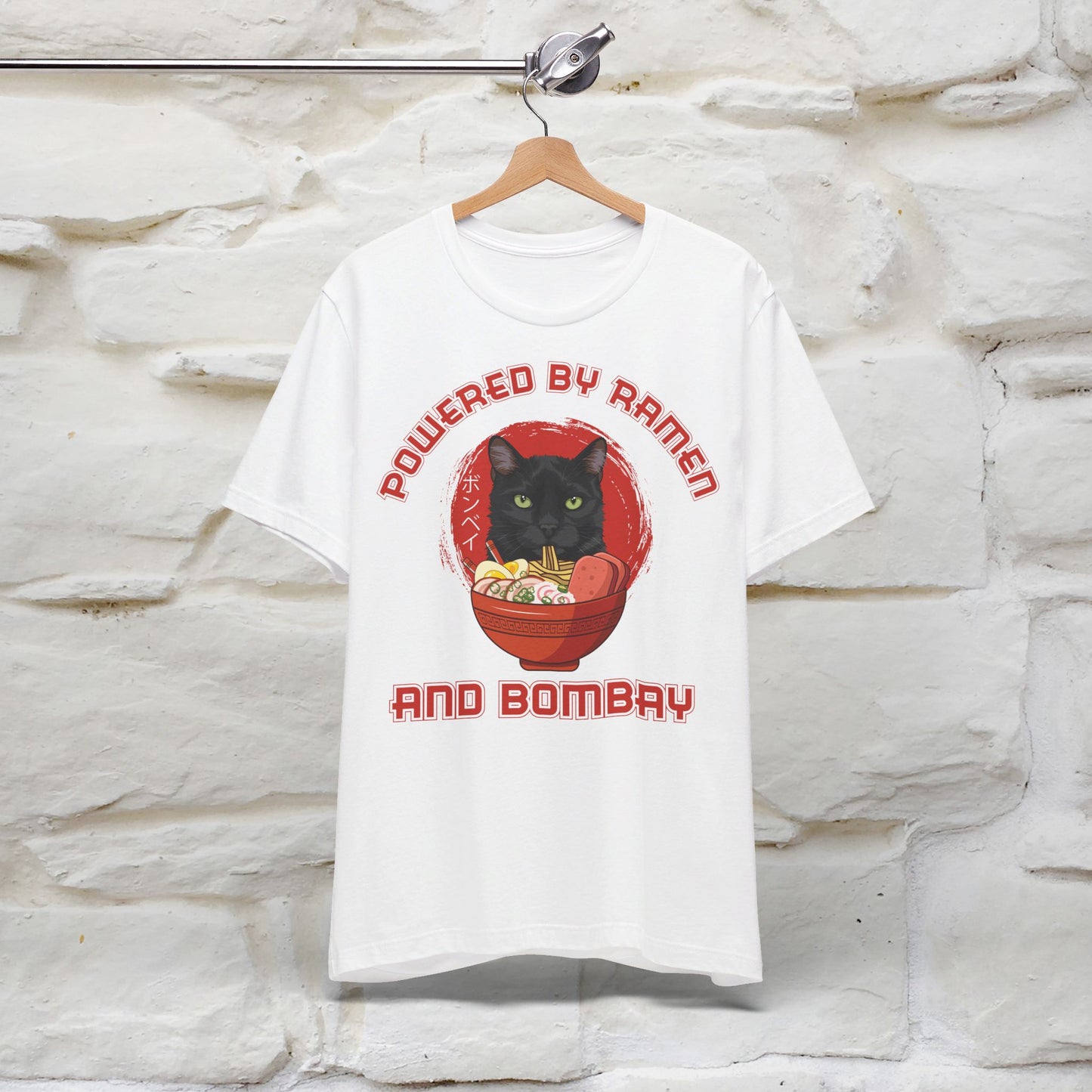 ''Powered By Ramen And Bombay''  Cat T-shirt for Man 100% Cotton. - Nunu&Miao Studio