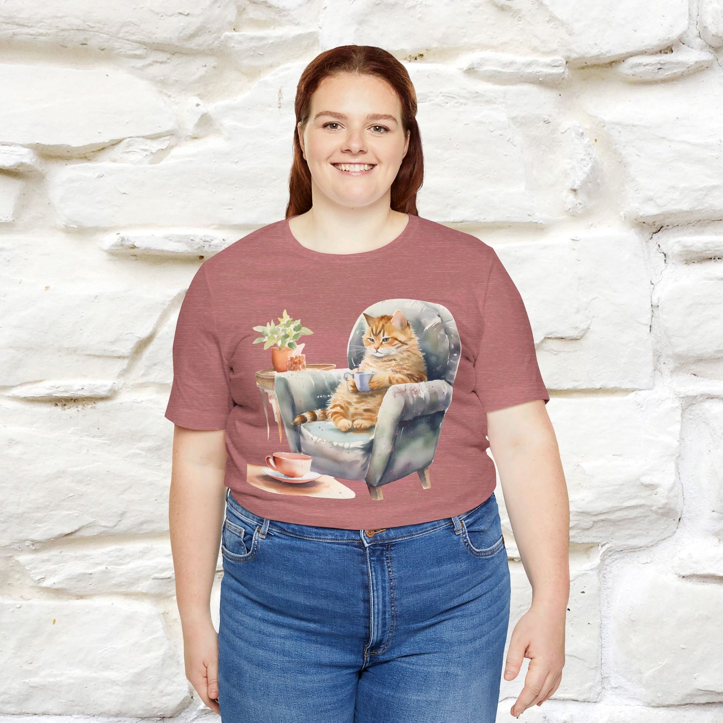 "Cat and Cuppa Comfort"T-shirt for Women 100% Cotton* - Nunu&Miao Studio