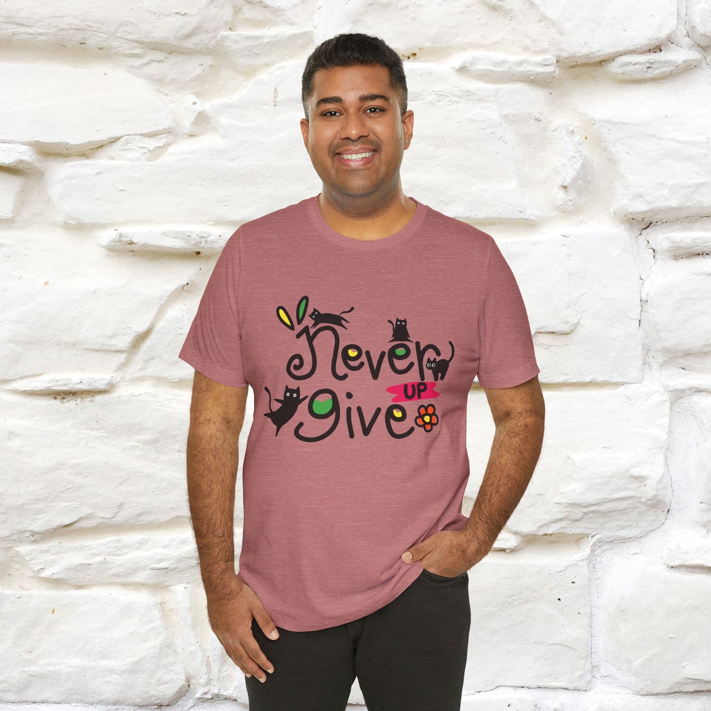 "Never Give Up" Cat T-Shirt for Men & Women | 100% Cotton* | Motivational Tee