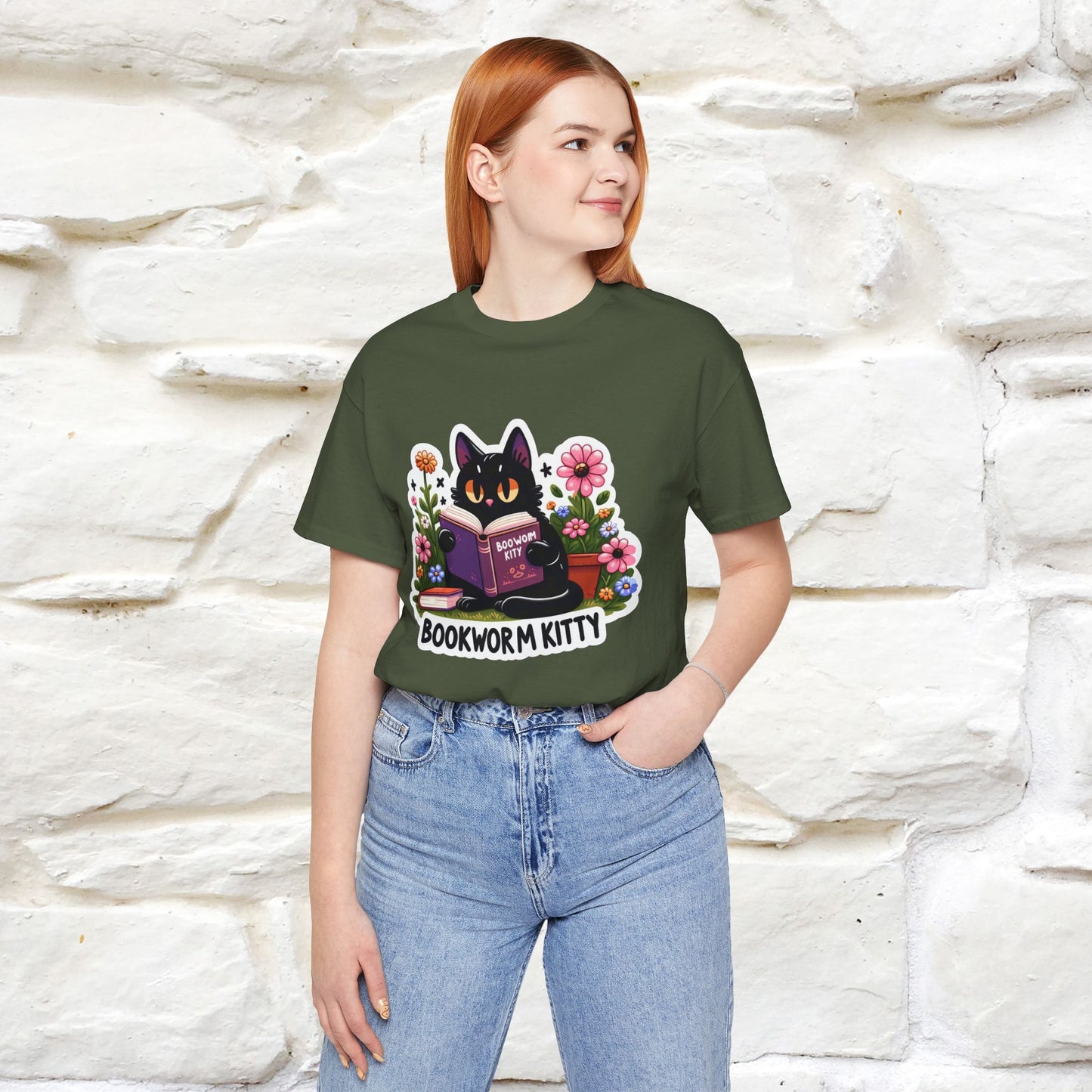 "Bookworm Kitty" Cat T-Shirt for Women | 100% Cotton* | Book Lover Tee