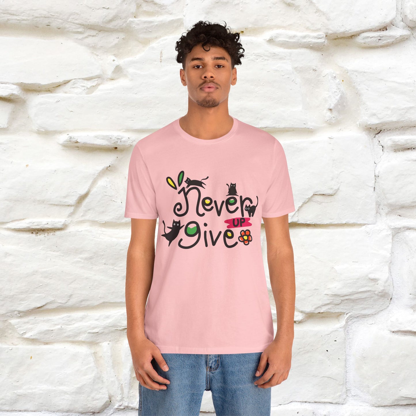 "Never Give Up" Cat T-Shirt for Men & Women | 100% Cotton* | Motivational Tee