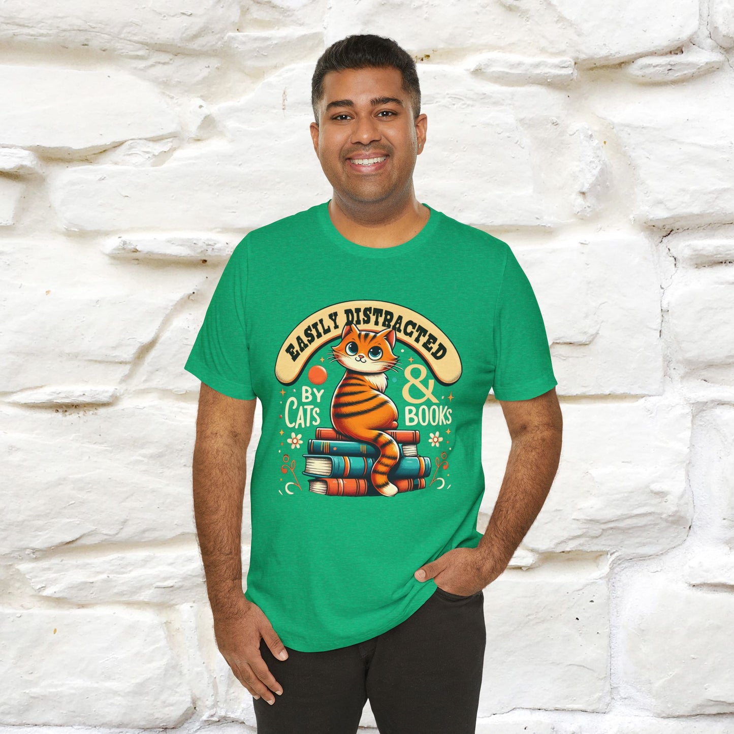 "Easily Distracted By Cats & Books" Cat T-shirt for Men & Women | 100% Cotton* | Cat Lover Tee