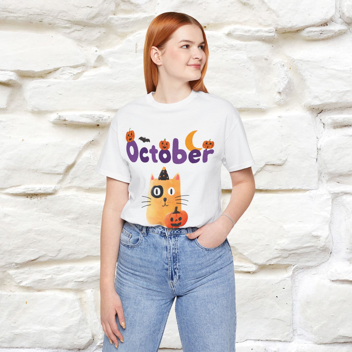 ''October Halloween'' Cat Unisex T-shirt 100% Cotton*