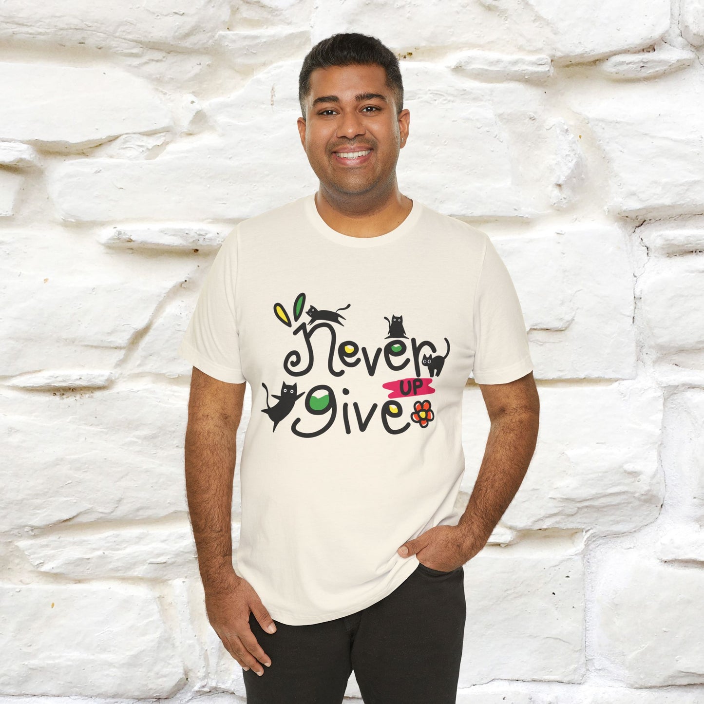 "Never Give Up" Cat T-Shirt for Men & Women | 100% Cotton* | Motivational Tee