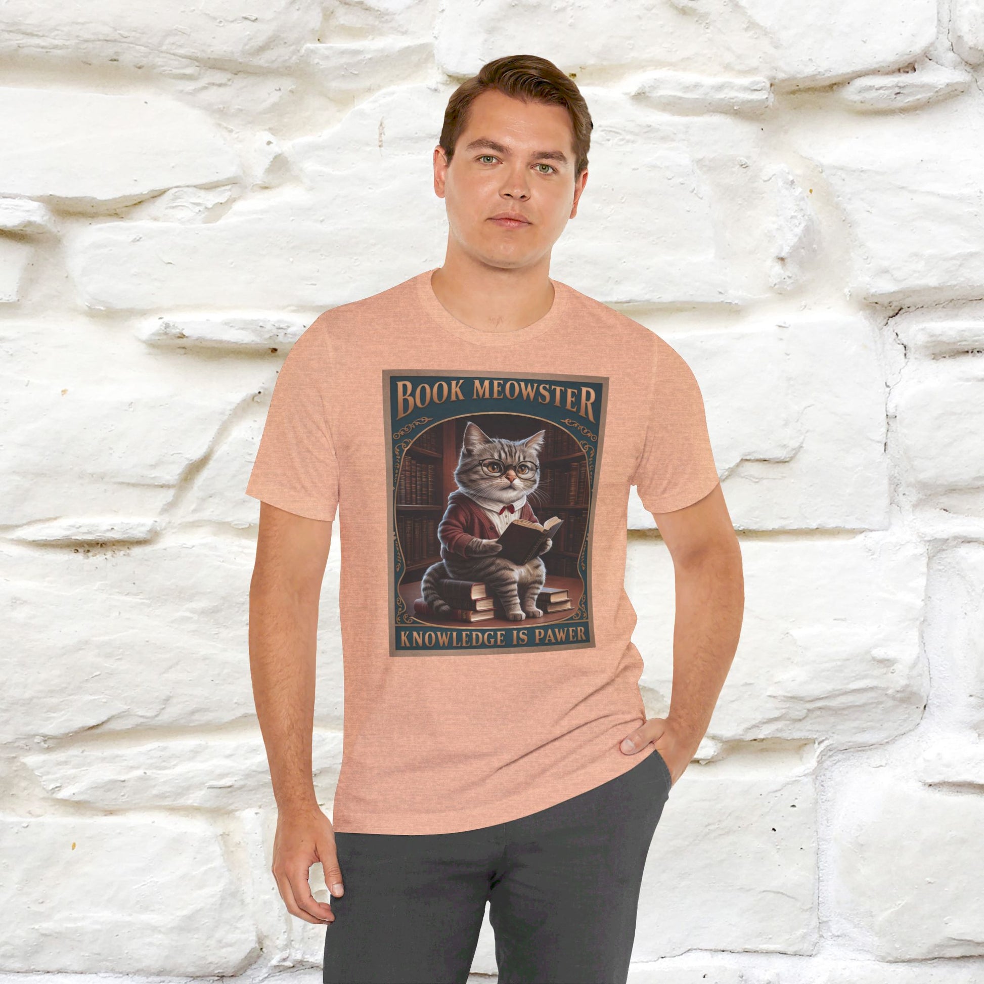 ''Book Meowster Knowledge Is Pawer'' Cat T-shirt for Man 100% Cotton. - Nunu&Miao Studio