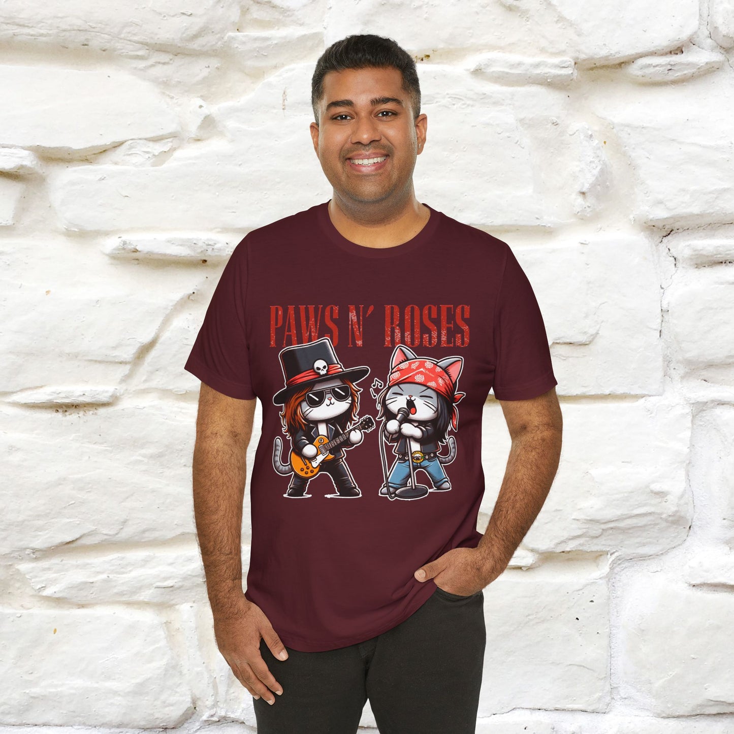 Paws N' Roses T-Shirt | Rock-Inspired Cat Lover Tee for Men & Women | 100% Cotton*