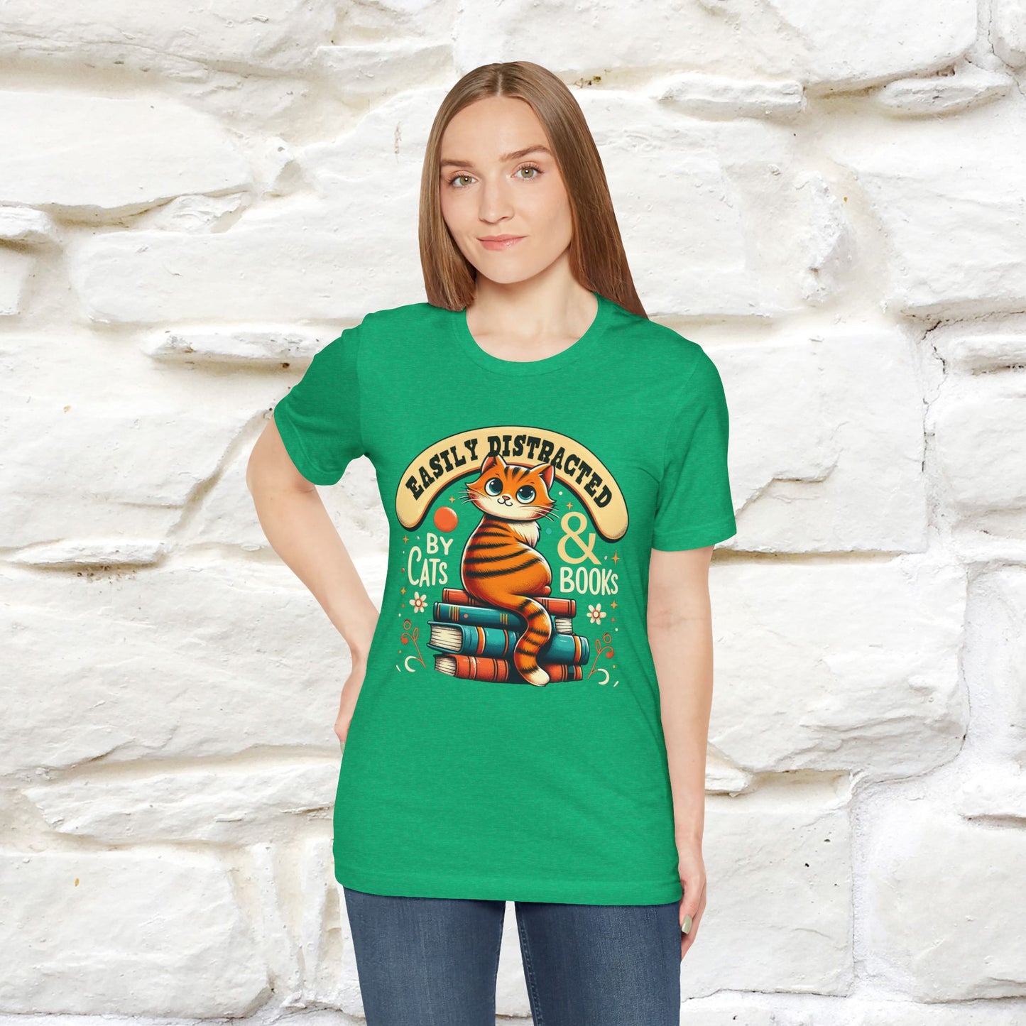 "Easily Distracted By Cats & Books" Cat T-shirt for Men & Women | 100% Cotton* | Cat Lover Tee