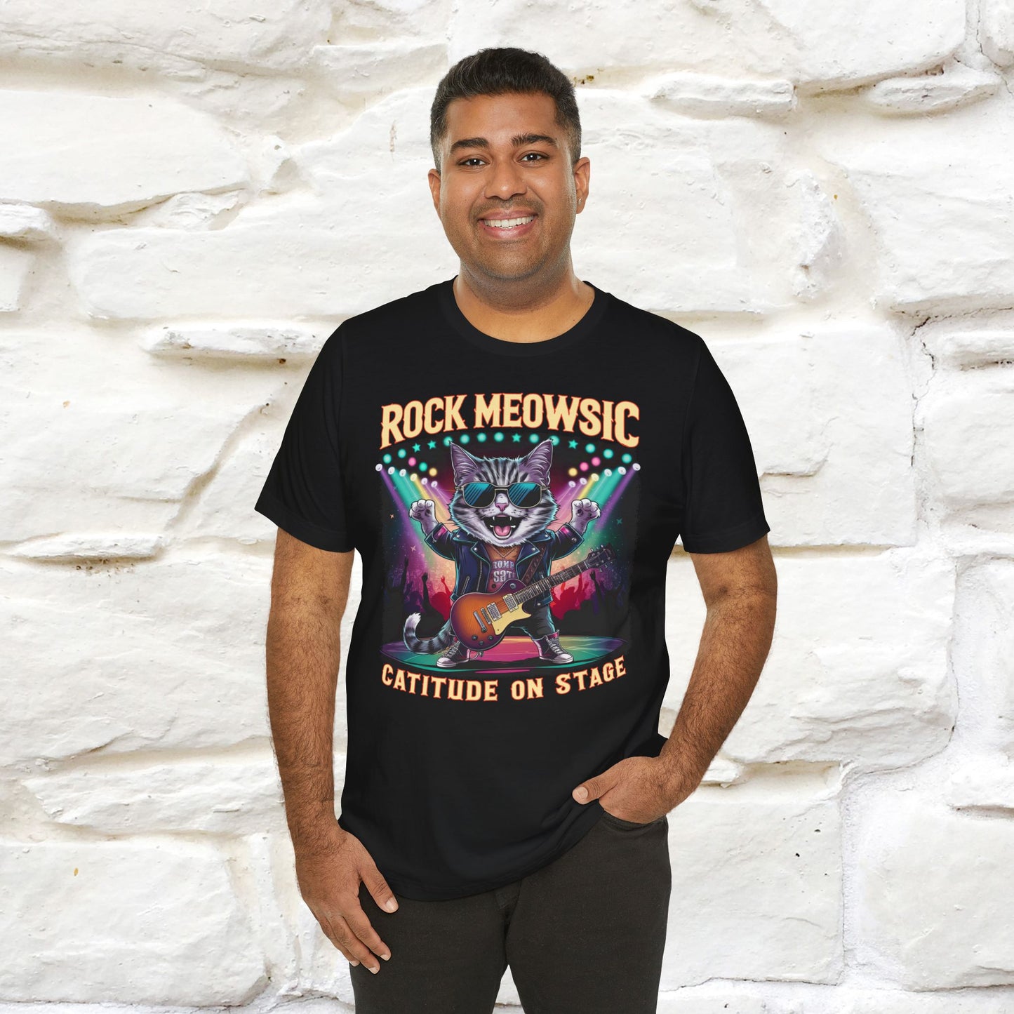 Rock Meowsic Catitude On Stage T-Shirt | Rocker Cat Tee for Men & Women | 100% Cotton*