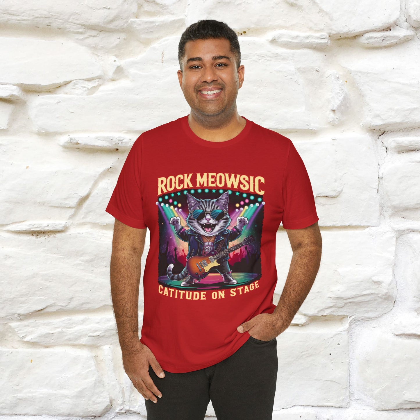 Rock Meowsic Catitude On Stage T-Shirt | Rocker Cat Tee for Men & Women | 100% Cotton*