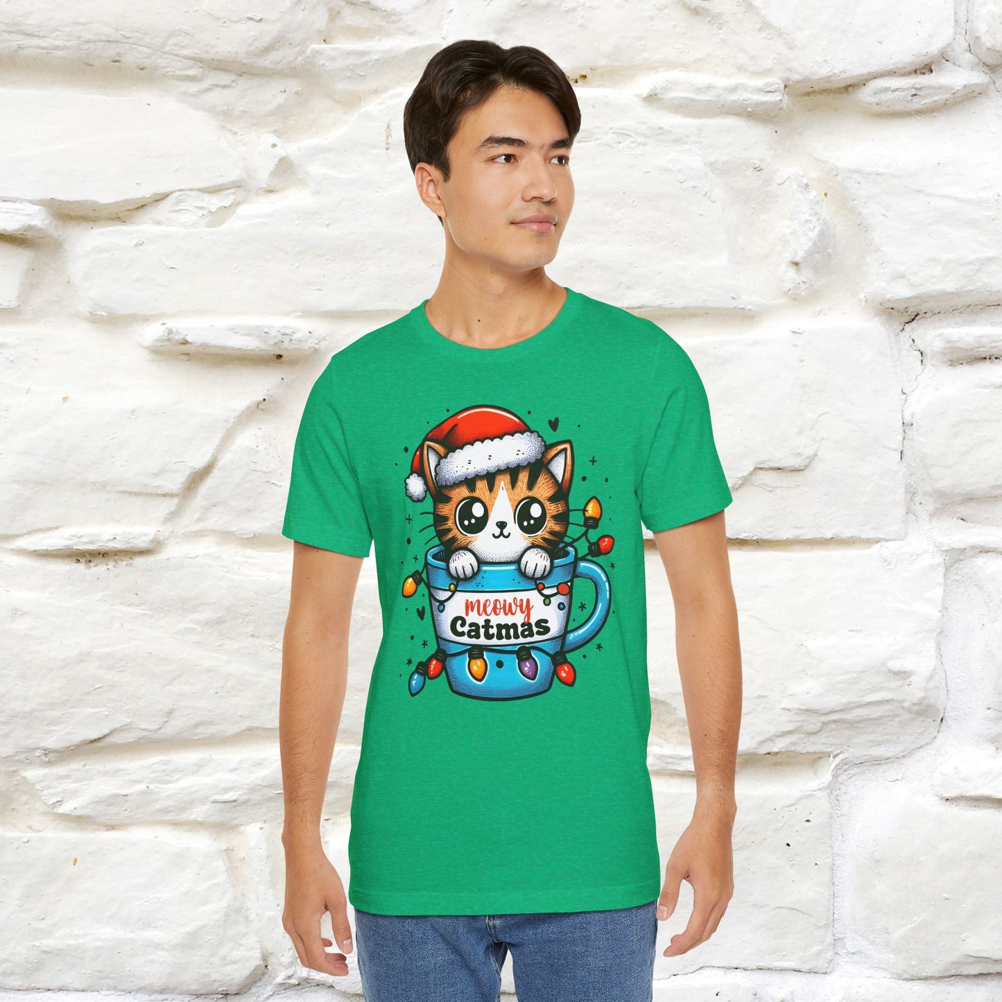 Meowy Catmas T-Shirt | Festive Cat Christmas Shirt for Men & Women | 100% Cotton