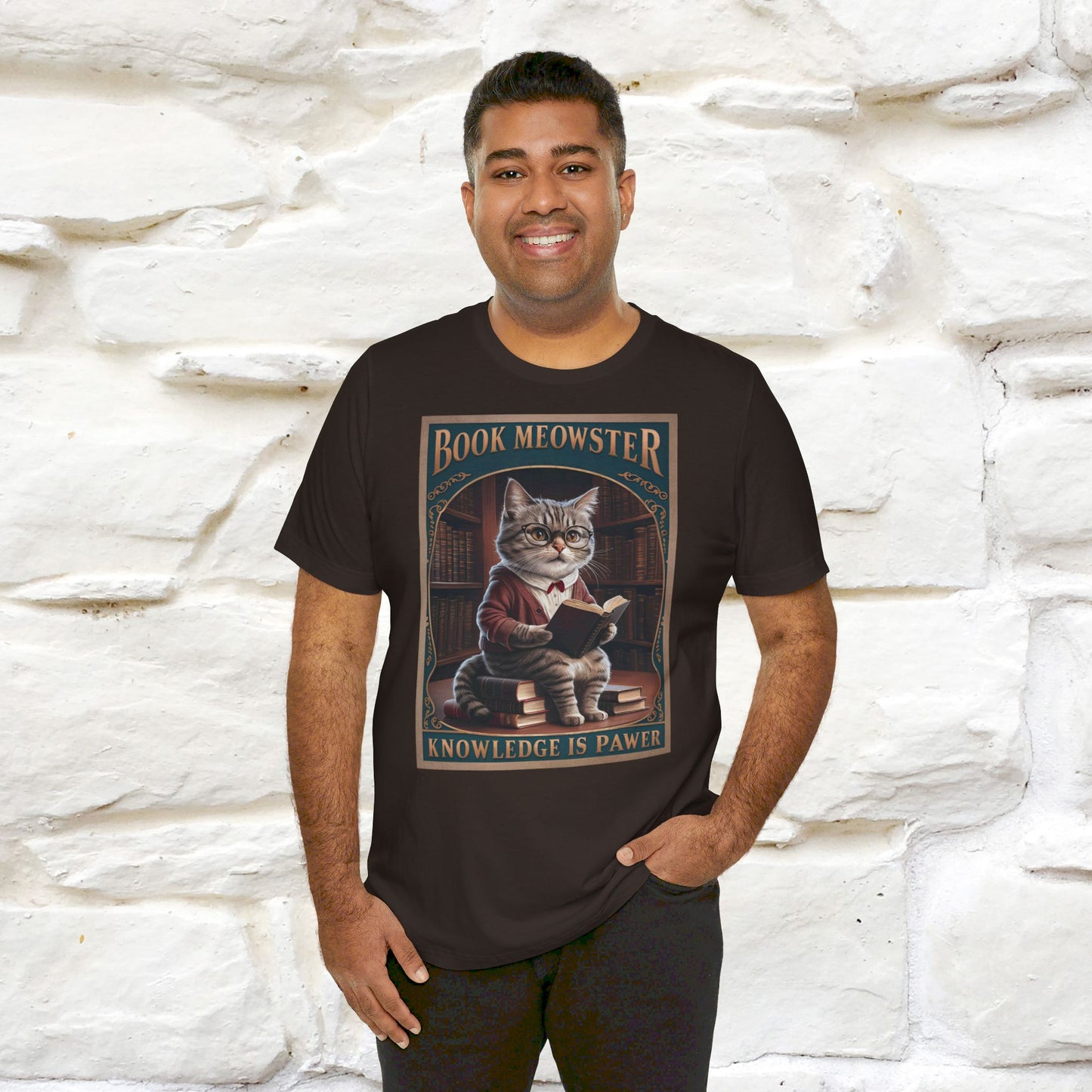 ''Book Meowster Knowledge Is Pawer'' Cat T-shirt for Man 100% Cotton. - Nunu&Miao Studio