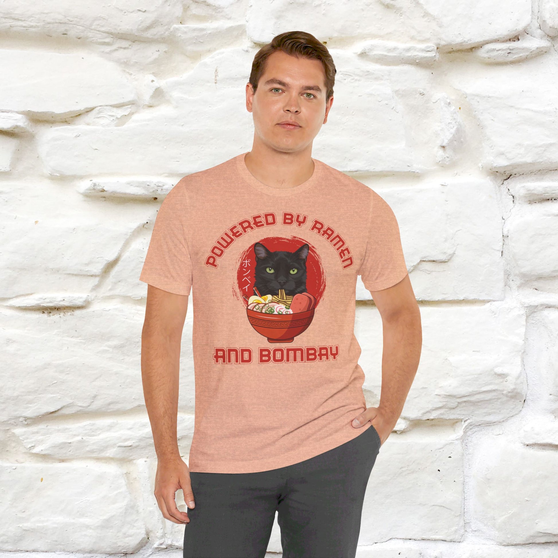 ''Powered By Ramen And Bombay''  Cat T-shirt for Man 100% Cotton. - Nunu&Miao Studio