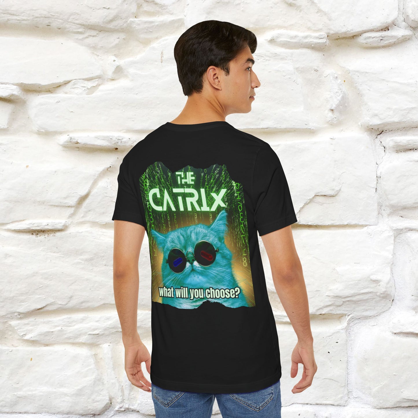 The Catrix: What Will You Choose? T-Shirt | Unisex Front & Back Design | 100% Cotton* Sci-Fi Cat Tee