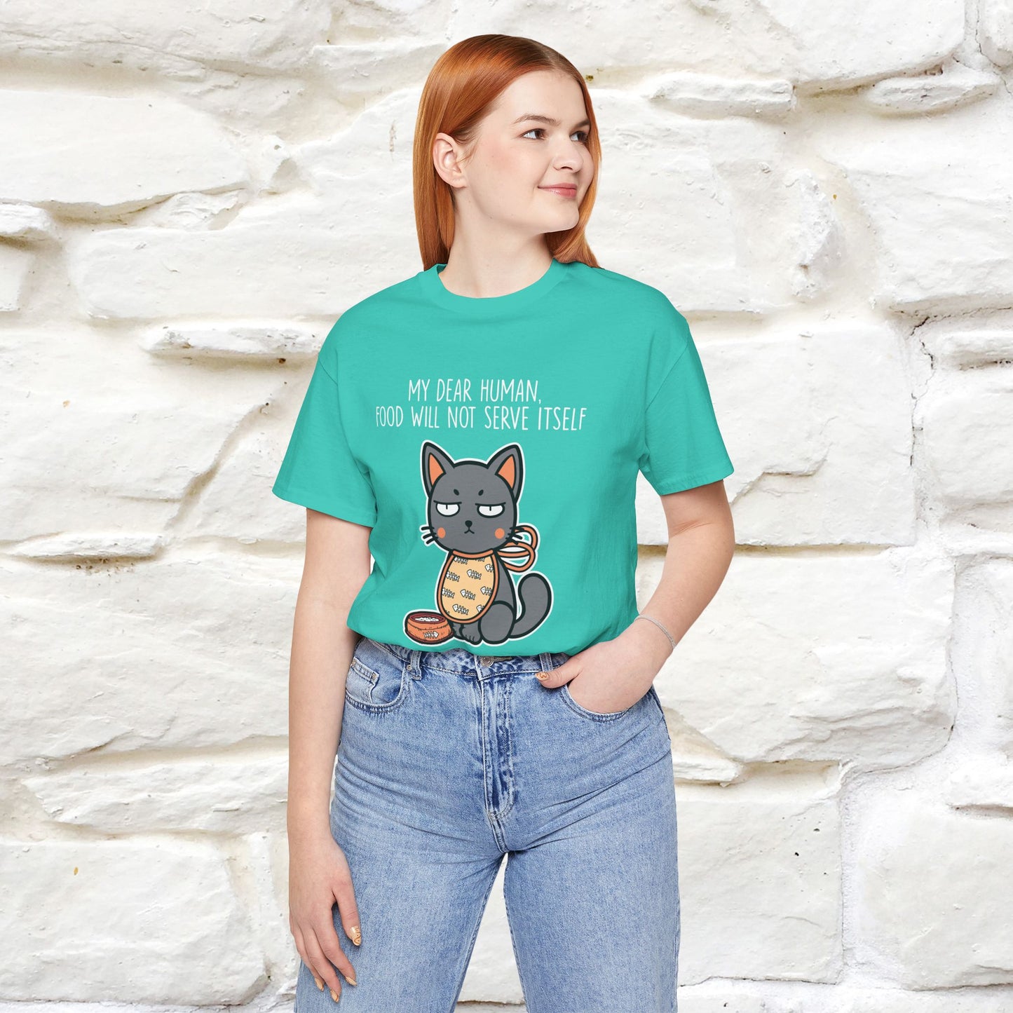 "Caro umano, il cibo non si servirà da solo" Maglietta divertente con gatto per uomo e donna | 100% cotone* 🐾
