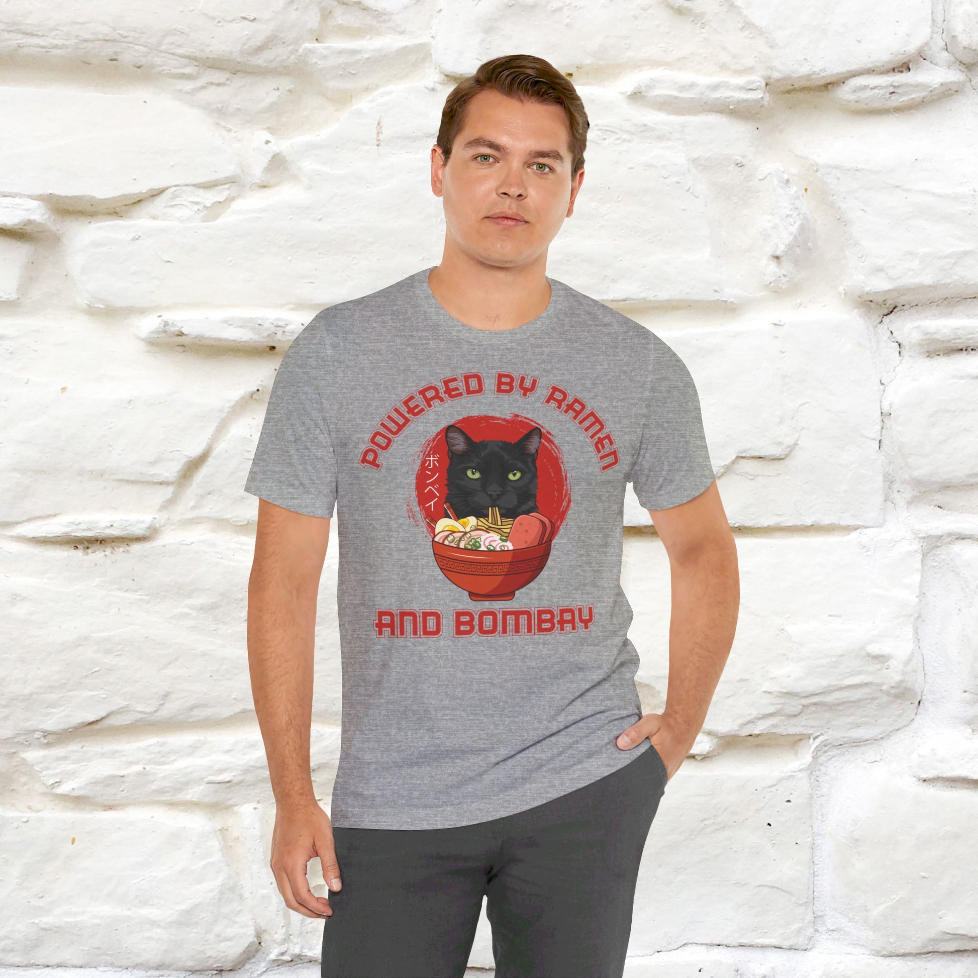 ''Powered By Ramen And Bombay''  Cat T-shirt for Man 100% Cotton. - Nunu&Miao Studio