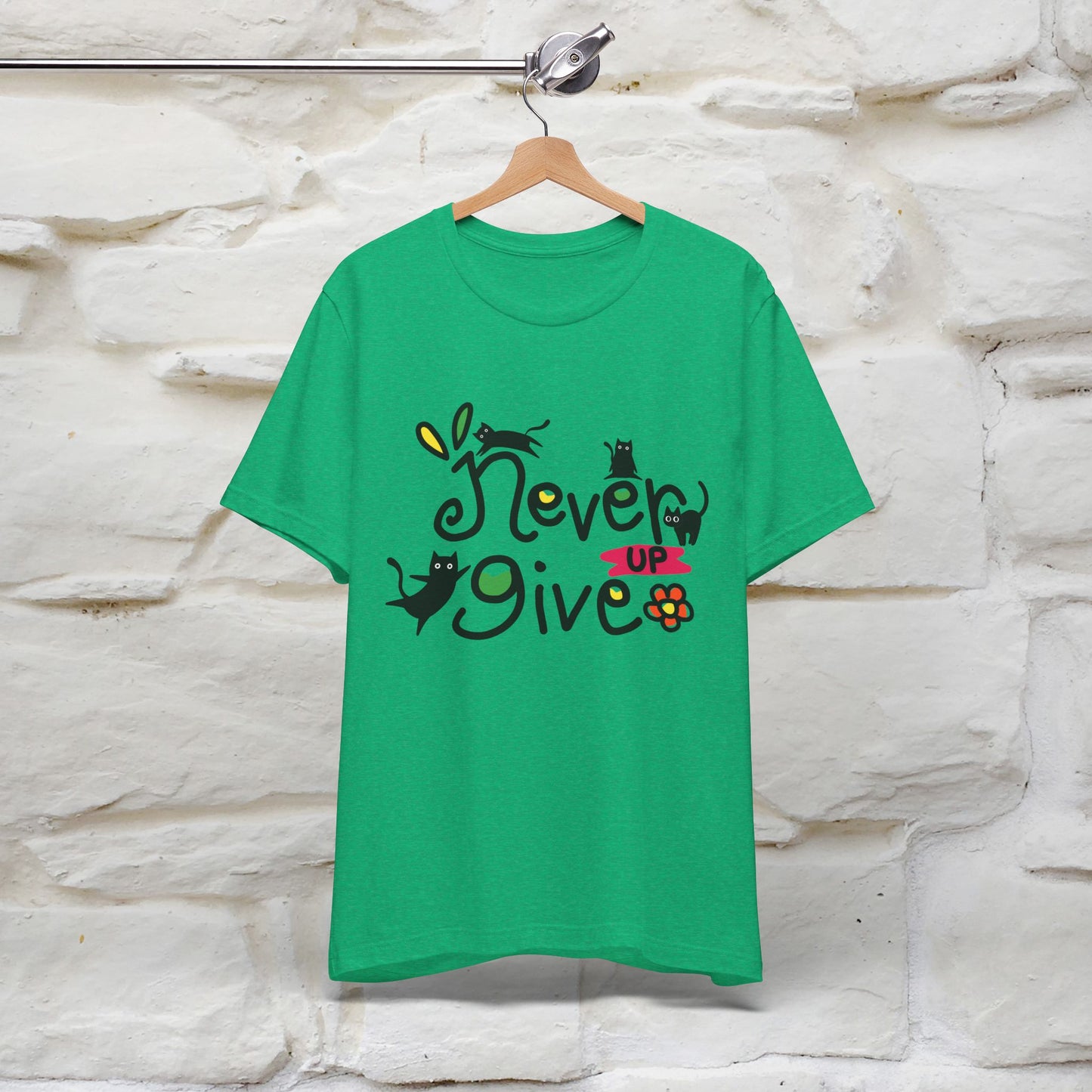 "Never Give Up" Cat T-Shirt for Men & Women | 100% Cotton* | Motivational Tee