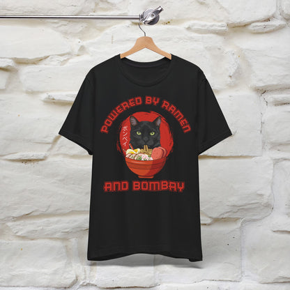 ''Powered By Ramen And Bombay''  Cat T-shirt for Man 100% Cotton. - Nunu&Miao Studio