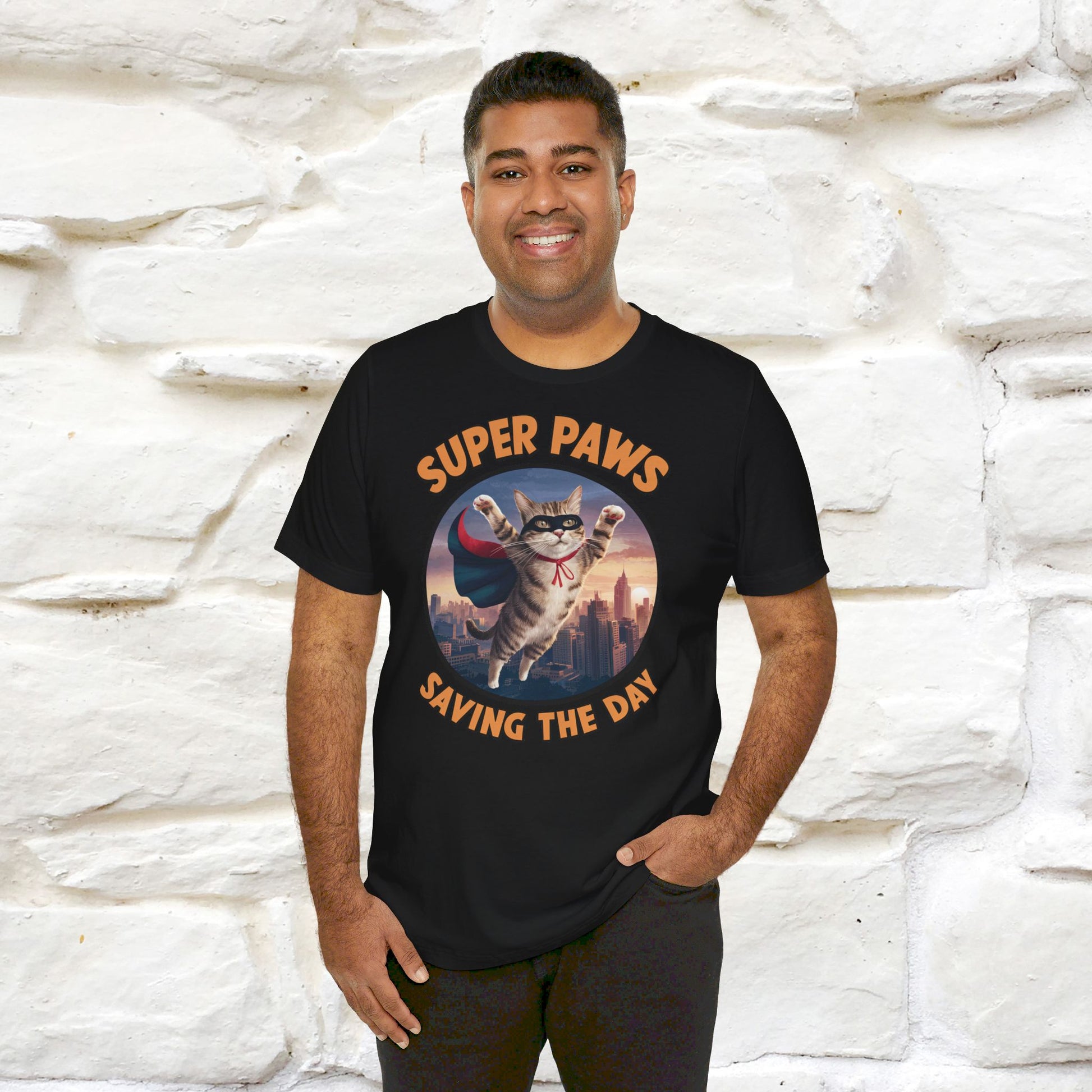 ''Super Paws Saving The Day'' Cat T-shirt for Man 100% Cotton. - Nunu&Miao Studio