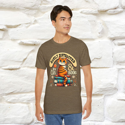 "Easily Distracted By Cats & Books" Cat T-shirt for Men & Women | 100% Cotton* | Cat Lover Tee