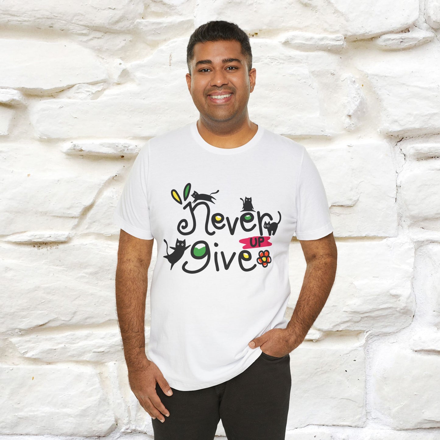 "Never Give Up" Cat T-Shirt for Men & Women | 100% Cotton* | Motivational Tee