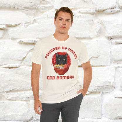 ''Powered By Ramen And Bombay''  Cat T-shirt for Man 100% Cotton. - Nunu&Miao Studio