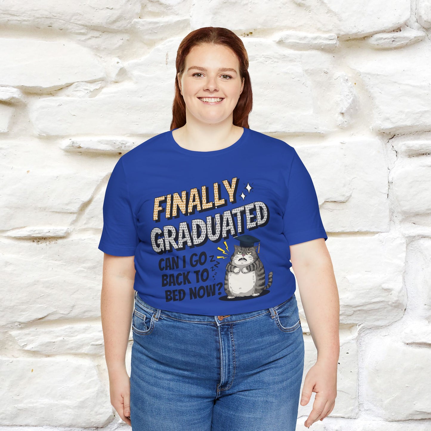 "Finally Graduated, Can I Go Back to Bed Now?" Funny Cat Graduation T-Shirt for Men & Women | 100% Cotton* | Graduation T-Shirts