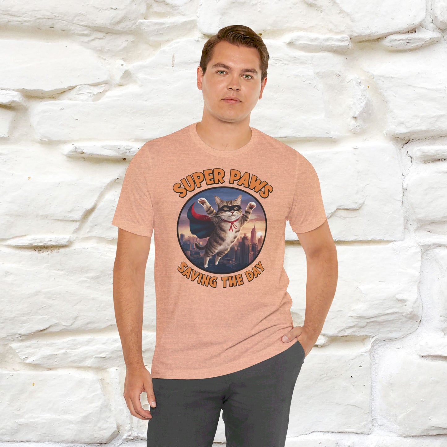 ''Super Paws Saving The Day'' Cat T-shirt for Man 100% Cotton. - Nunu&Miao Studio