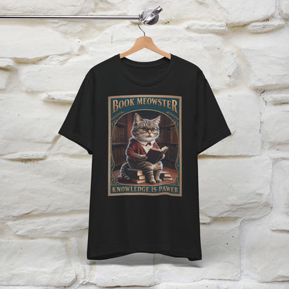 ''Book Meowster Knowledge Is Pawer'' Cat T-shirt for Man 100% Cotton. - Nunu&Miao Studio