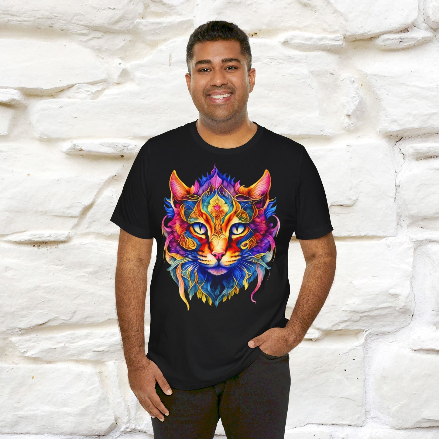 ''Fire Rainbow Cat'' T-shirt for Man 100% Cotton. - Nunu&Miao Studio