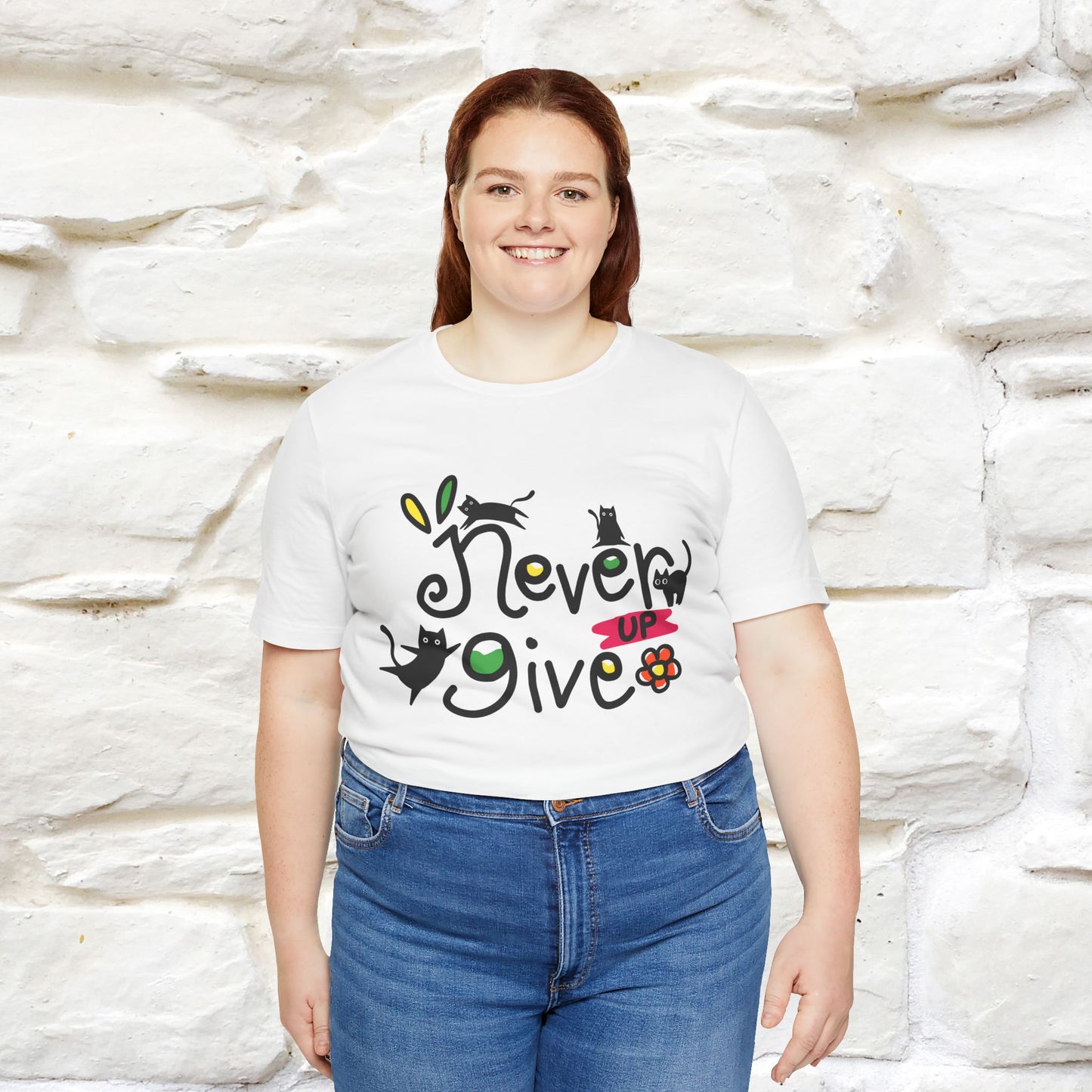 "Never Give Up" Cat T-Shirt for Men & Women | 100% Cotton* | Motivational Tee