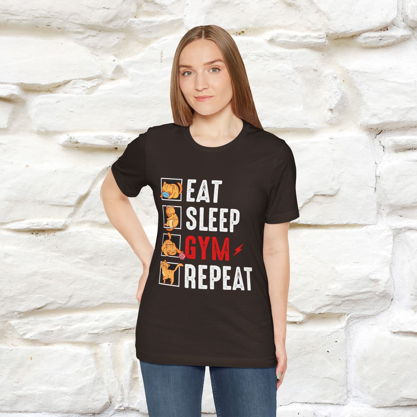 Eat Sleep Gym Repeat Cat Workout T-Shirt for Men & Women | 100% Cotton*