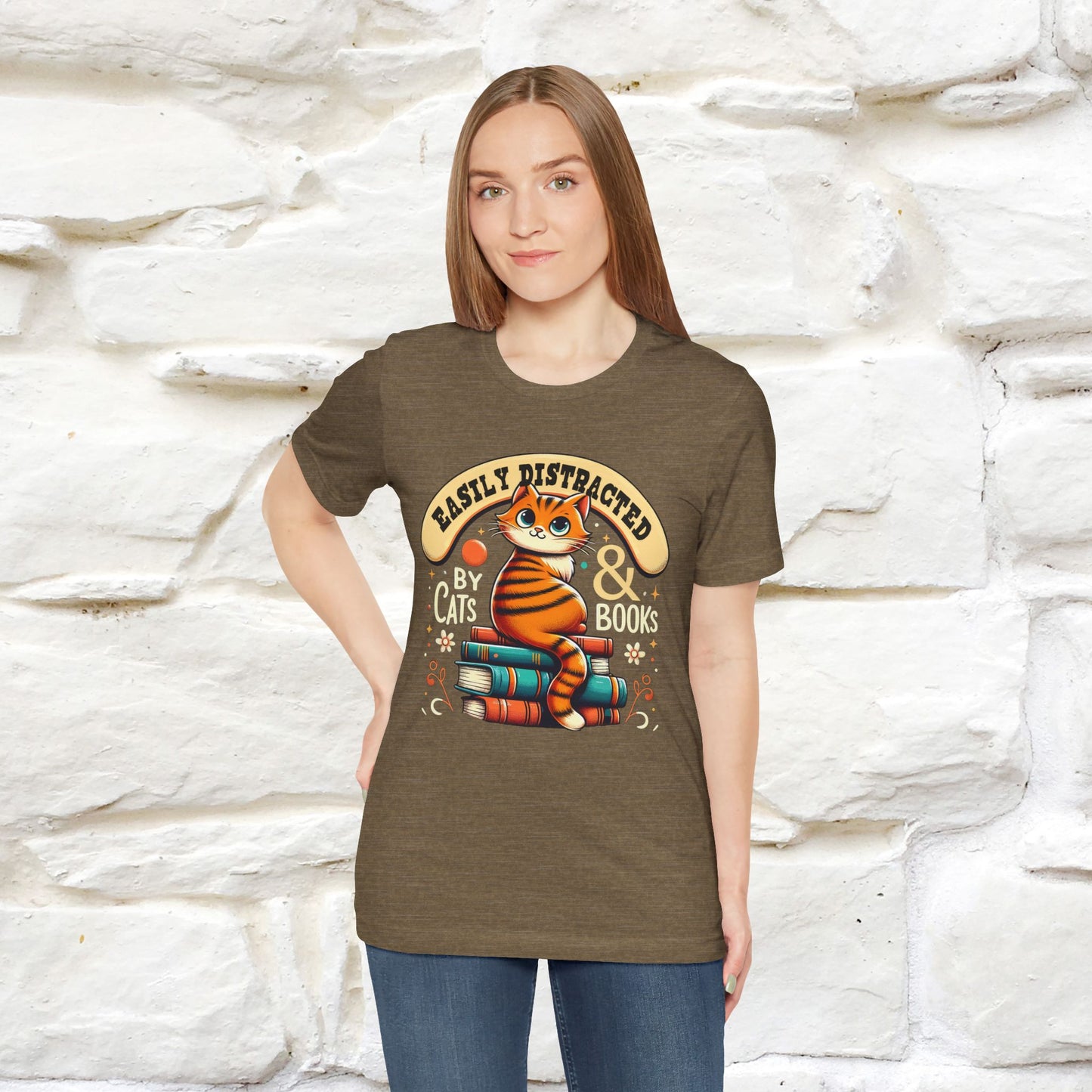 "Easily Distracted By Cats & Books" Cat T-shirt for Men & Women | 100% Cotton* | Cat Lover Tee