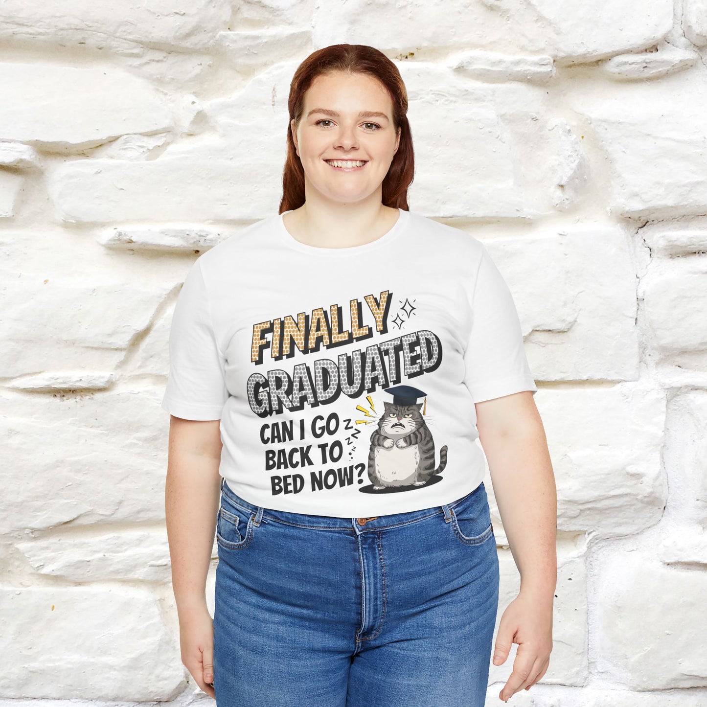 "Finally Graduated, Can I Go Back to Bed Now?" Funny Cat Graduation T-Shirt for Men & Women | 100% Cotton* | Graduation T-Shirts