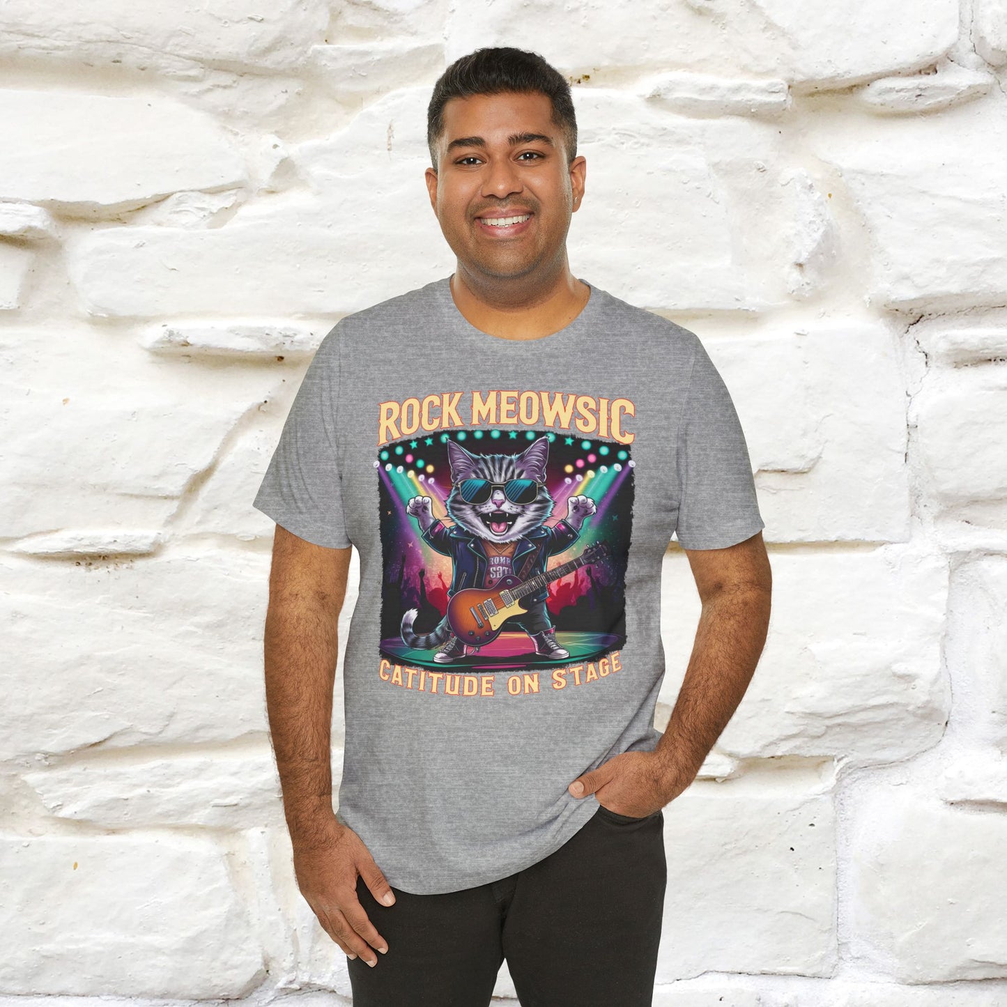 Rock Meowsic Catitude On Stage T-Shirt | Rocker Cat Tee for Men & Women | 100% Cotton*