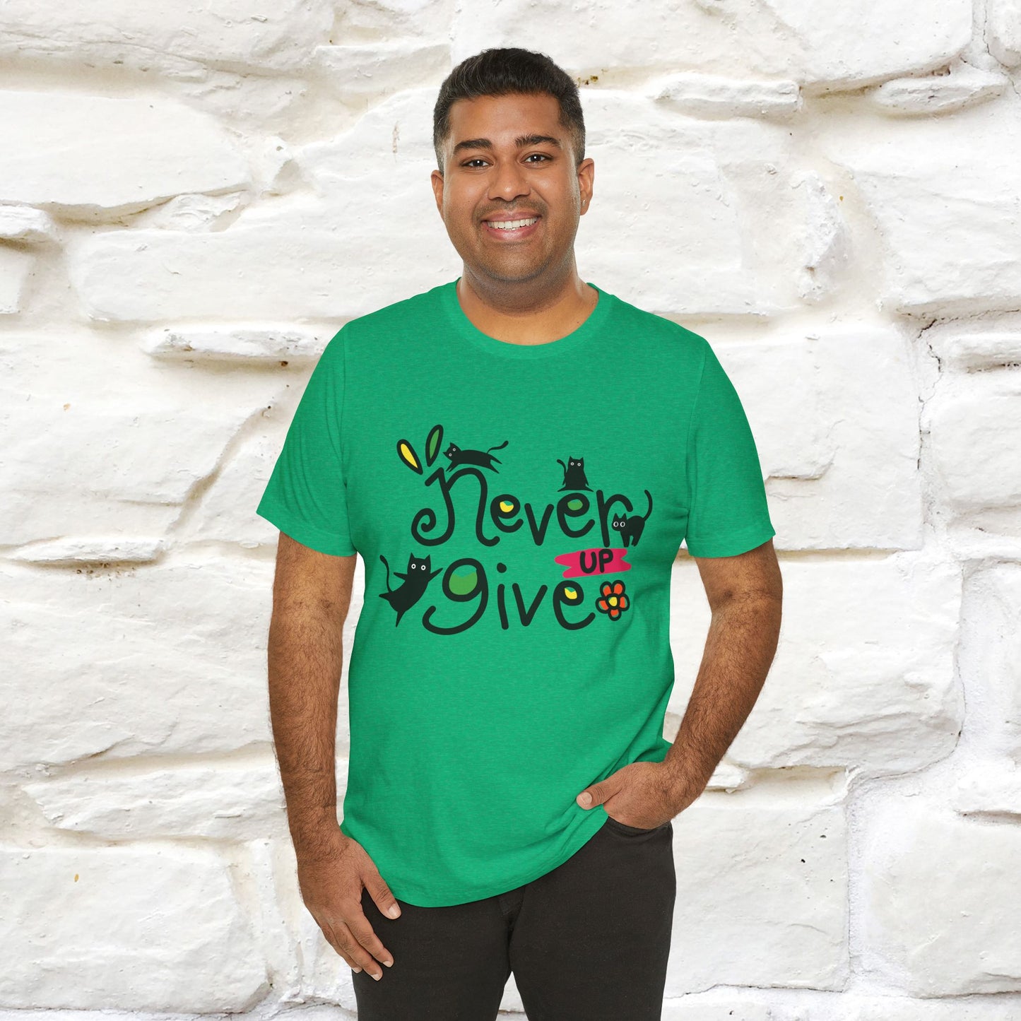 "Never Give Up" Cat T-Shirt for Men & Women | 100% Cotton* | Motivational Tee