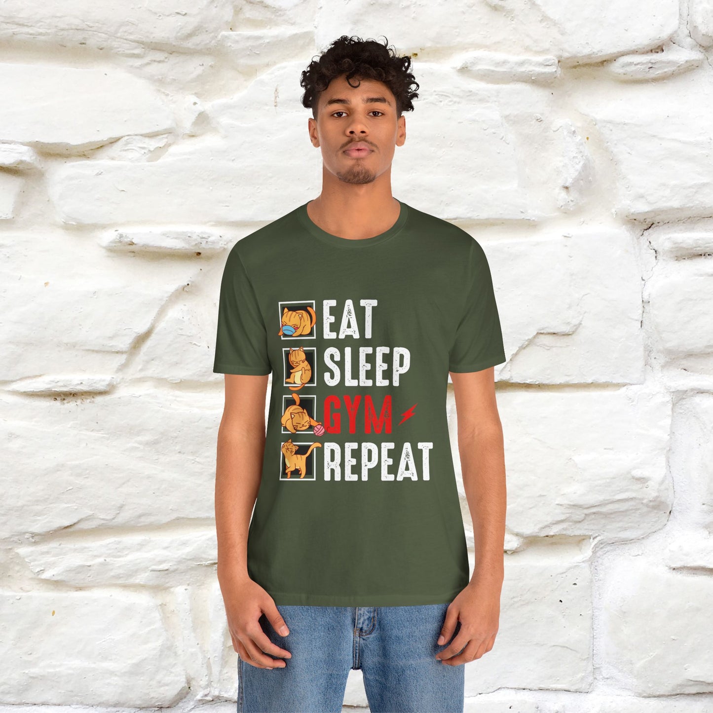 Eat Sleep Gym Repeat Cat Workout T-Shirt for Men & Women | 100% Cotton*