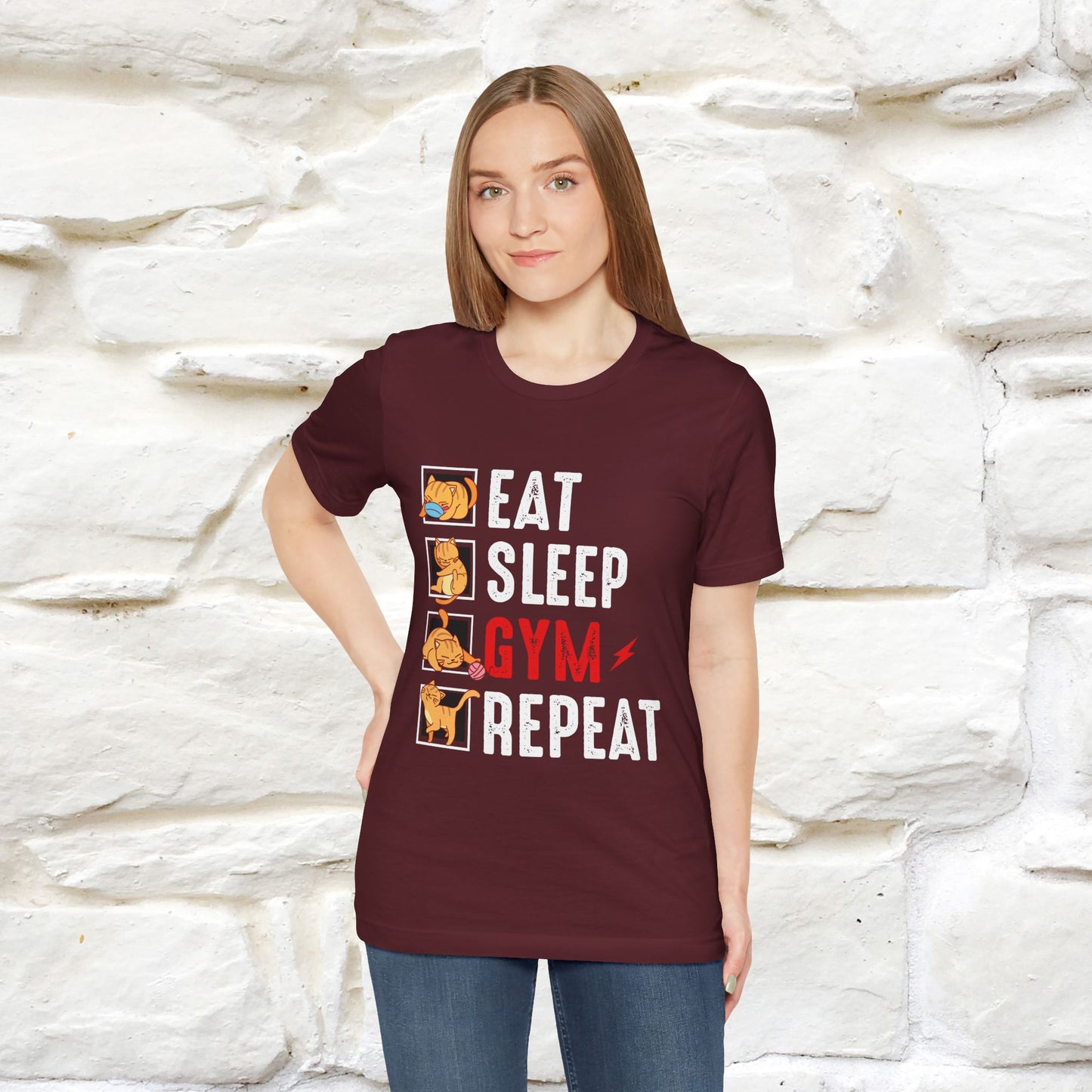 Eat Sleep Gym Repeat Cat Workout T-Shirt for Men & Women | 100% Cotton*