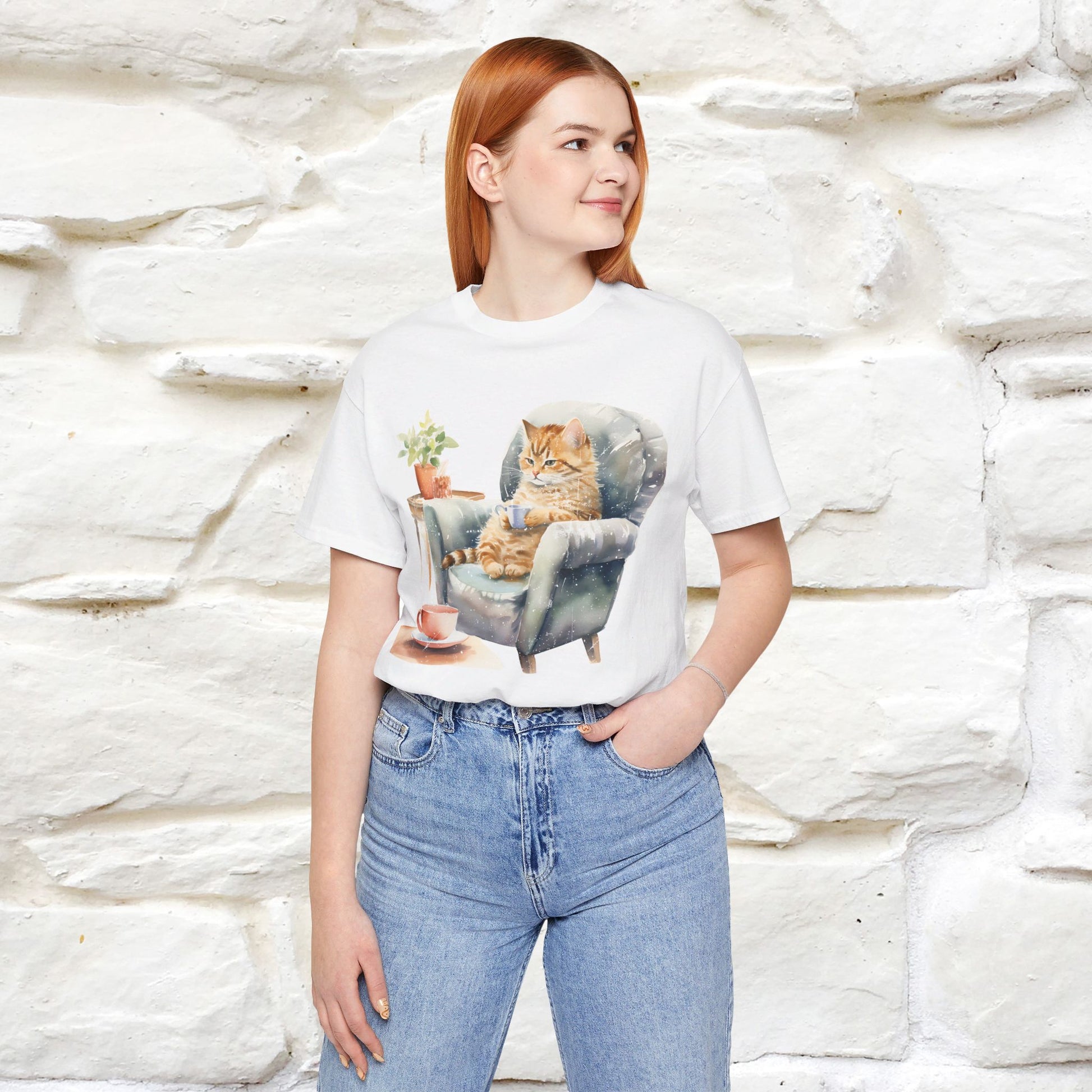 "Cat and Cuppa Comfort"T-shirt for Women 100% Cotton* - Nunu&Miao Studio