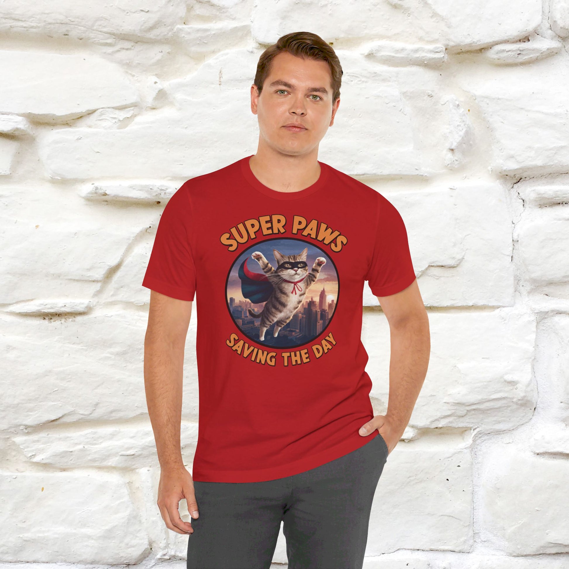 ''Super Paws Saving The Day'' Cat T-shirt for Man 100% Cotton. - Nunu&Miao Studio